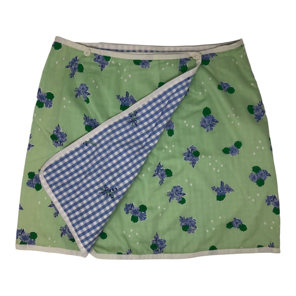 Lilly Pulitzer Vintage Reversible Wrap Skirt Blue Floral Checkered Size 10
